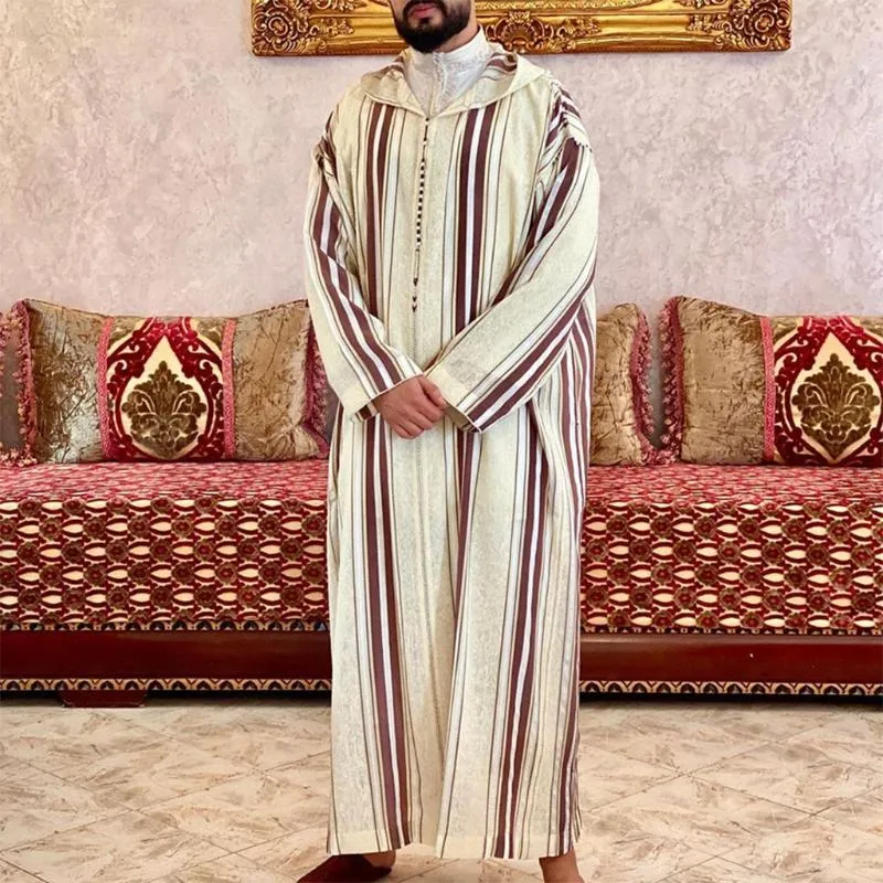 Abbigliamento etnico Risvolto Musulmano Uomo Manica lunga Thobe Medio Oriente Arabo saudita Caftano Abaya islamico Abito Dubai Robes con Pat266t a righe