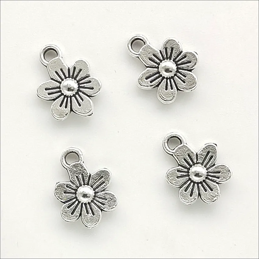 Lot 200pcs 미니 꽃 티베트 실버 매력 펜던트 귀걸이 목걸이 팔찌 키 체인 액세서리 9 * 12mm DH0540 만들기