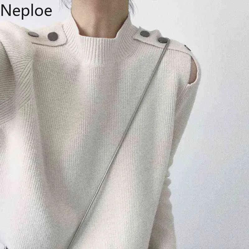 NELLOE осень зима новая o шеи пуловер свитер женщины сплошной с длинным рукавом плеча на плечо вытащить FEMME 2021 вязаный крест TOP 46827 Y1110
