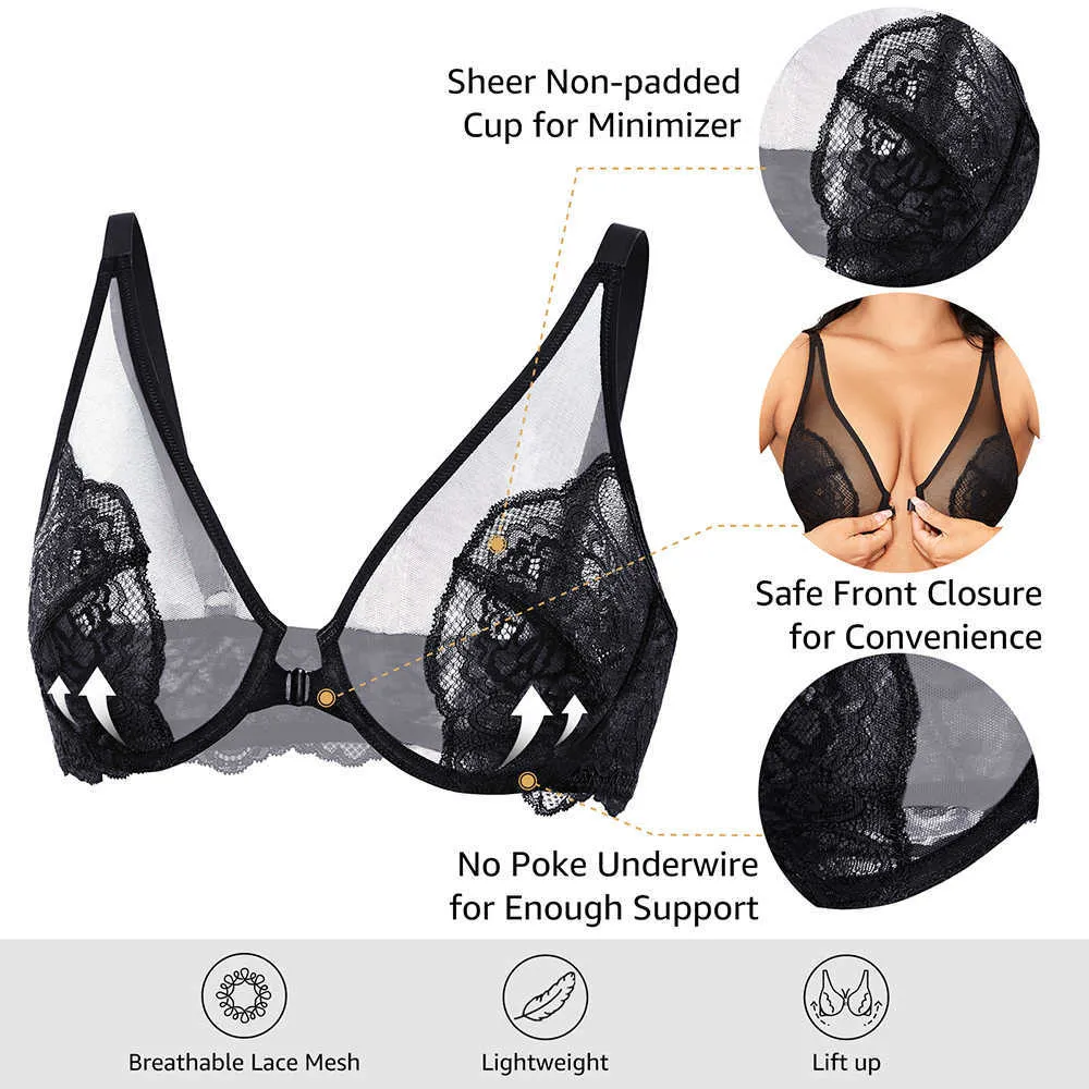 DOBREVA Plus Size Lace See Through Low Plunge Bra With Front