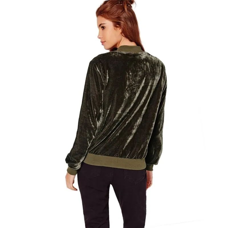 Femmes vestes 2021 velours Bomber veste décontracté vert col montant manteau dames automne manches longues fermeture éclair