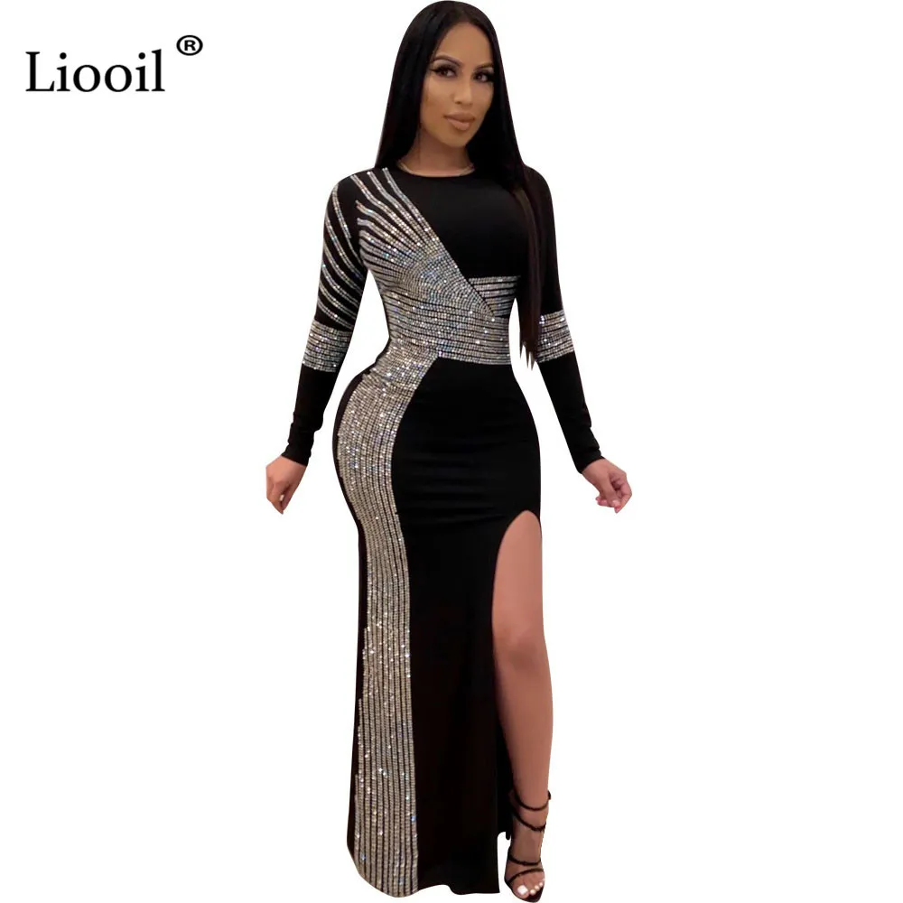 LIOOIL Svart Rhinestone Sexy Slit Bodycon Long Maxi Dress Women 2021 Långärmad O Neck Night Club Evening Party Tight Dresses X0521