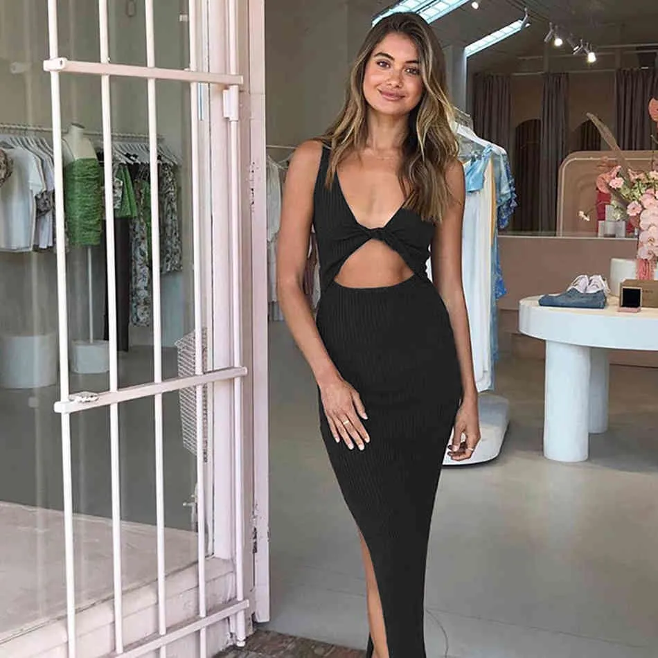 Femmes été mode réservoir noir Maxi robe Sexy sans manches évider élégant célébrité soirée Club robes de soirée 210423