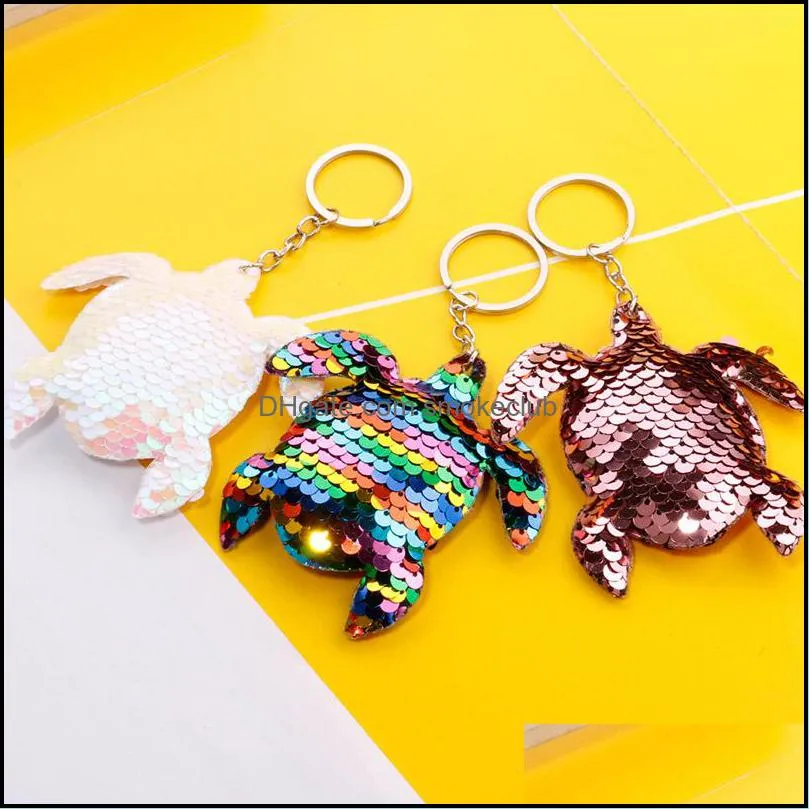 Creativity Bling Sequin Keychain Pendant Crafts Colorful Shiny Tortoise Car Key Chain Ring Ladies Bag Pendants Jewelry Accessories