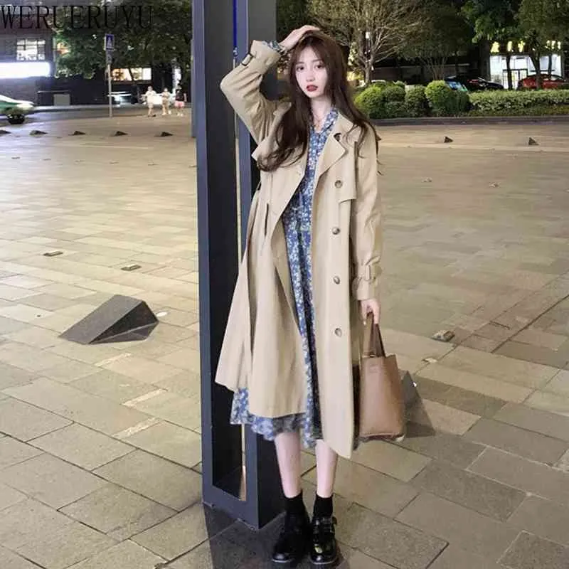 Werueruyu Lente Herfst Fashion Casual Dames Khaki Trench Coat Lange Bovenkleding Losse kleding Windbreaker met riem 210608