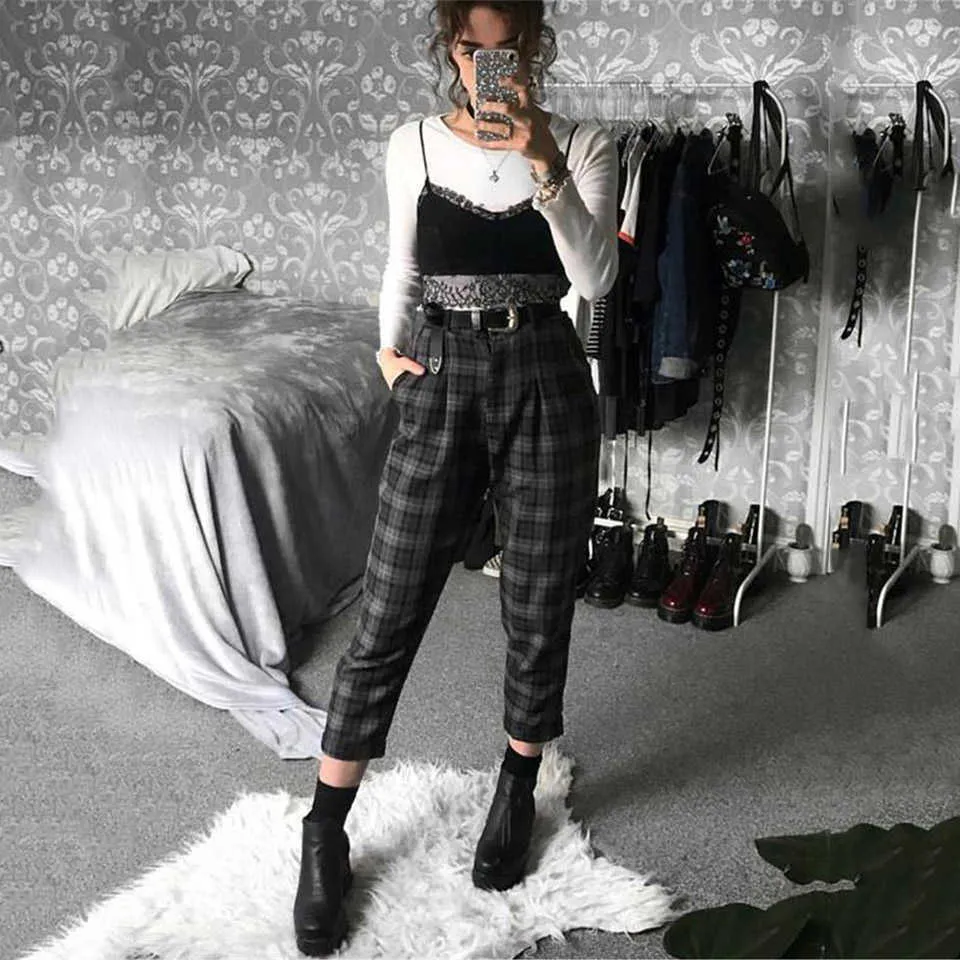 Calças xadrez Mulheres Streetwear Menina Cool Cintura Alta Calças Harem Sweatpants Juntos Mulheres Carga Suor Calças Coreano Pantalon X0629