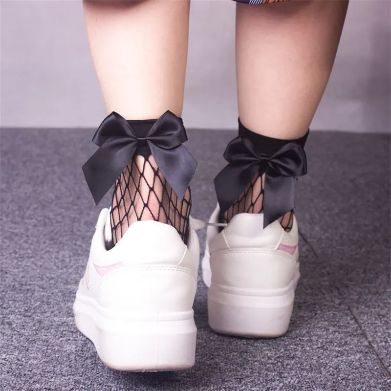 women grid Fishnet stockings bow female sexy fashion Medium hose Net stocking Multicolor 1 6py J2