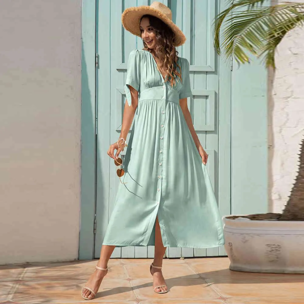 Womens V-Neck Midi Dress with High Waist and Single Breasted Closure,  Chiffon, Mid-Calf Length, Cap Sleeve, Patchwork Design from Dhgate Basic & Casual  Dresses - price 40.31