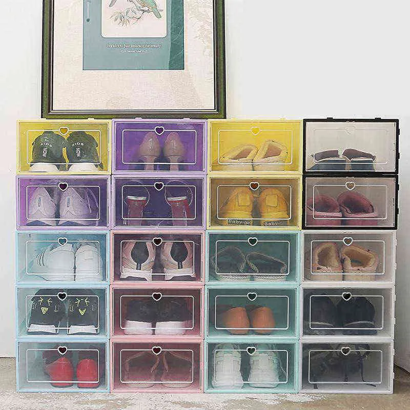 6 teile/satz Faltbare Schuh Box Transparent Kunststoff Rack Lagerplätze Schubladen Kombination Flip Abdeckung Zimmer Organizer Aufhänger