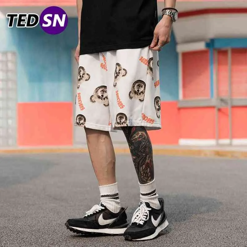 2021 Sommar Koreansk Bomull Hög Midja Kort Homme Casual Plus Storlek Hip Hop Bear Printed Men's Tracksuit Beach Shorts Kläder H1210