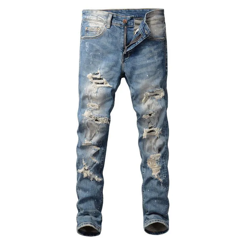 Men's Jeans American Street Fashion Men High Quality Retro Blue Slim Fit Ripped Painted Designer Hip Hop Denim Punk Pants