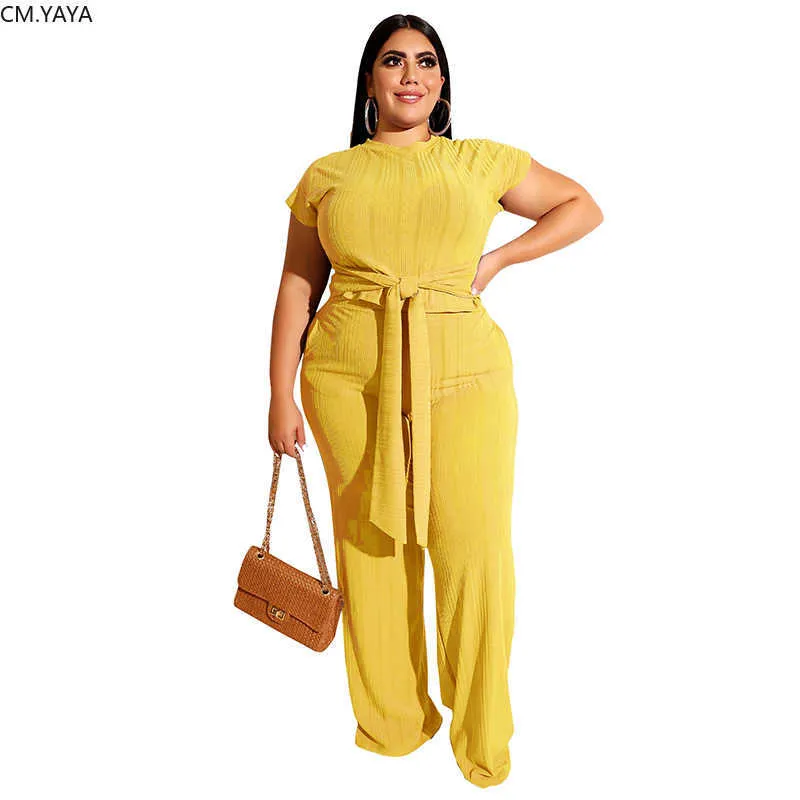 Plus Size XL-5XL Lampki z dzianiny Kobiety Zestaw Krótki Rękaw Tshirt Crop Top Spodnie Garnitur Dwuczęściowy Zestaw Mody Dres 19338 Y0625