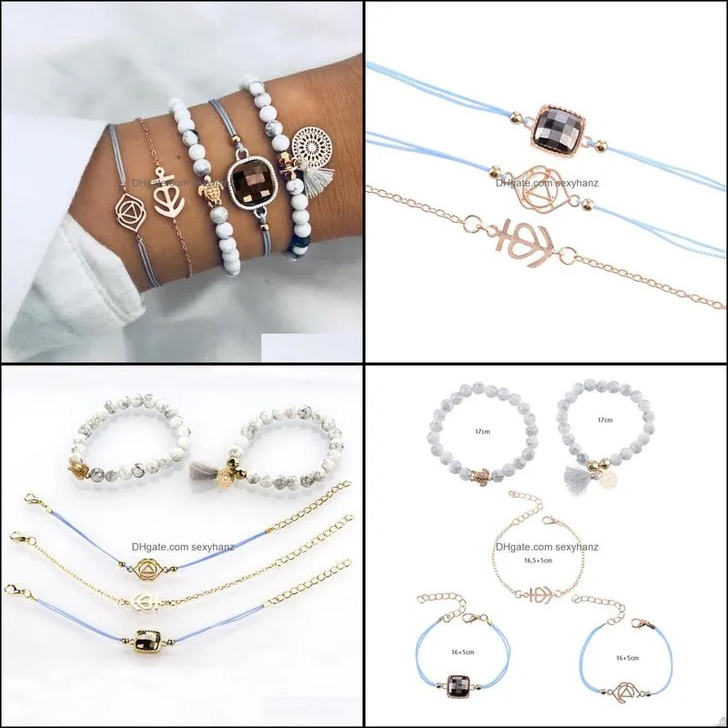 S1775 Hot Fashion Jewelry Bracelet Set Anchor Geometric Turtle Beads Chain Bracelets 5pcs/set