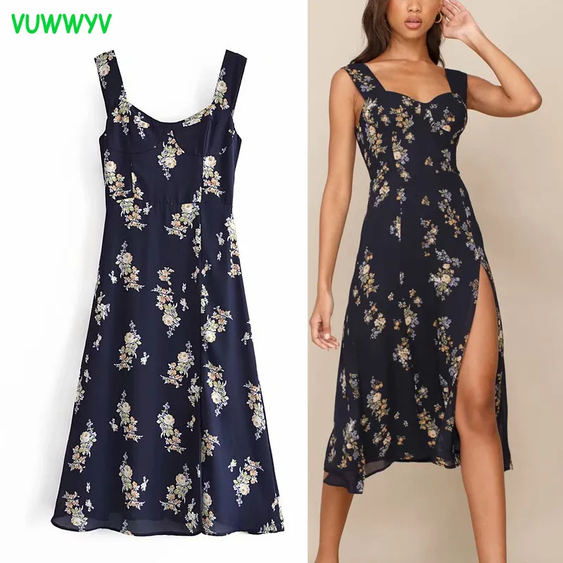 VuWyv Vintage Ciemnoniebieski Kwiatowy Drukuj Party Dress Kobiety Lato Slim Backless Slip Midi Kobieta Elastyczna Talia Vestido 210430