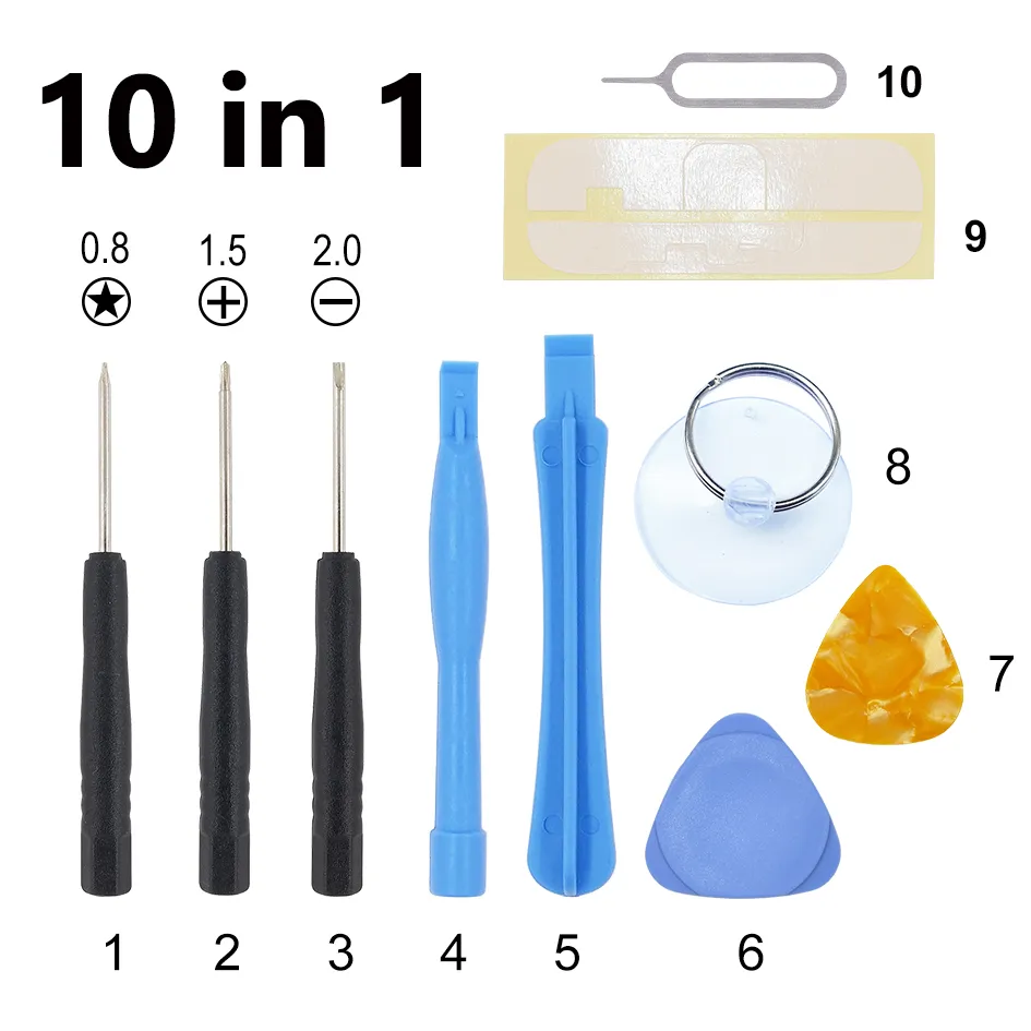 Kit d'outils d'ouverture de levier de réparation 10 en 1 avec clé à broche d'éjection Pentalobe étoile à 5 points pour APPLE iPhone5 5s 5c 6G 6Plus 4 4s 3Gs 1000 ensembles