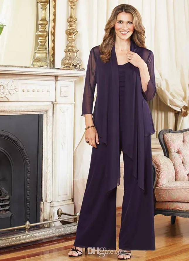 Elegant Purple Chiffon Long Sleeve Mother of the Bride Pant Suits for  Wedding