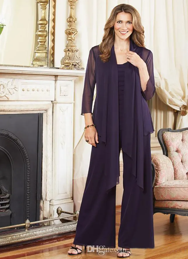 Ensemble 3 Pièces Mère De La Mariée En Mousseline De Soie - Pantalon Long Avec Perles, Couleur Selon Photo