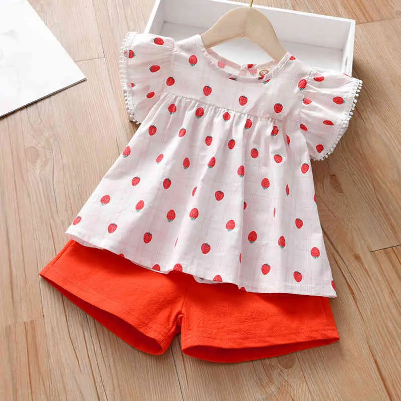 Zomer Korte mouwen Meisjes Kleding Set Baby Aardbei Print Top + Effen Kleur Shorts kinderen Casual 2 STUKS 210515