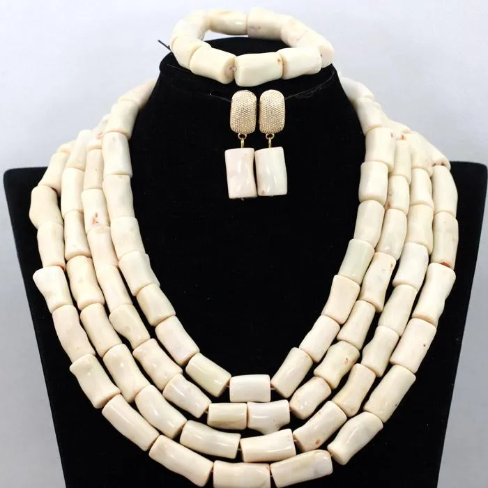 Orecchini Collana Bianco Crema Set di bigiotteria africana Beauty Coral Beads Wedding For Woman CNR444