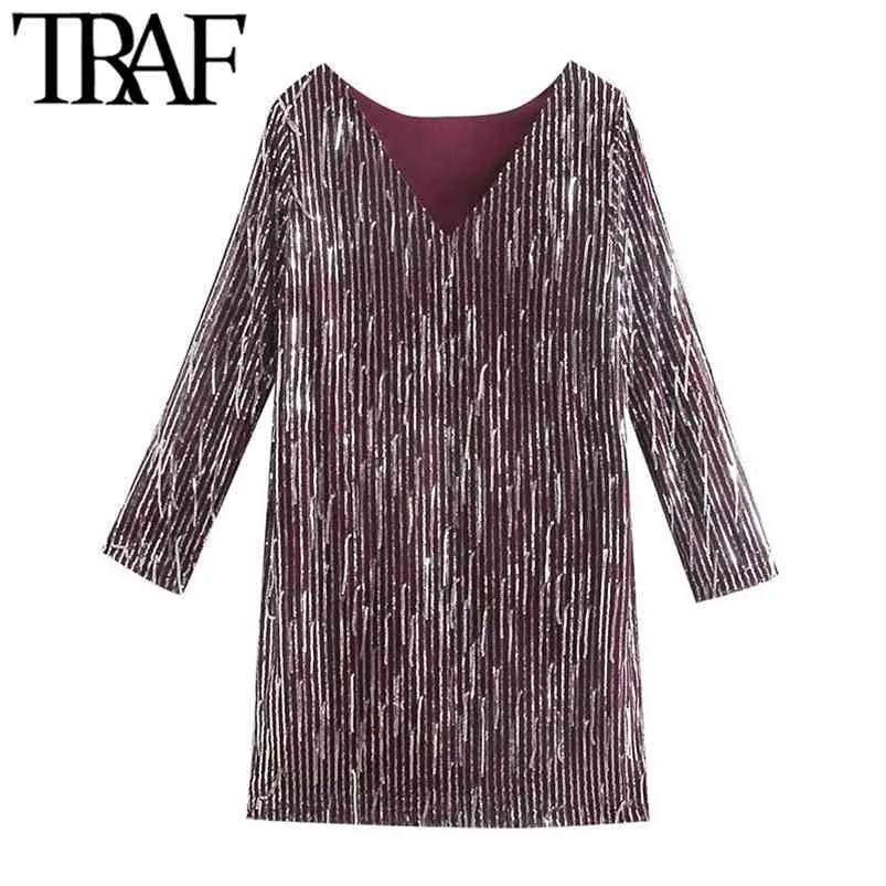 Women Chic Fashion With Fringing Sequinned Mini Dress Vintage Back Low-cut Long Sleeve Female Dresses Vestidos 210507