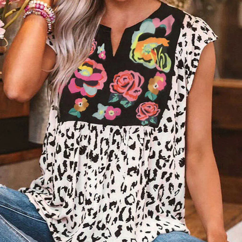 Jocoo Jolee Casual Blumendruck Leopard Patchwork Hemd Weibliche Lose Blusen Plus Größe 5XL Reise Urlaub Tops Retro Kleidung 210619