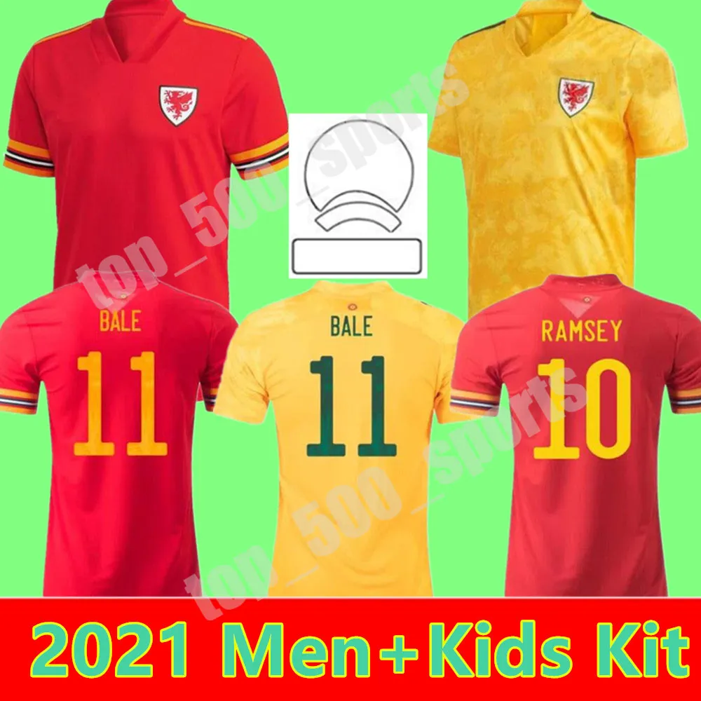 남자 + 키트 키트 2021 웨일즈 국가 대표팀 축구 유니폼 21 22 아동 축구 셔츠 소년 베일 Maillot 드 발 Ramsey 레드 옐로우