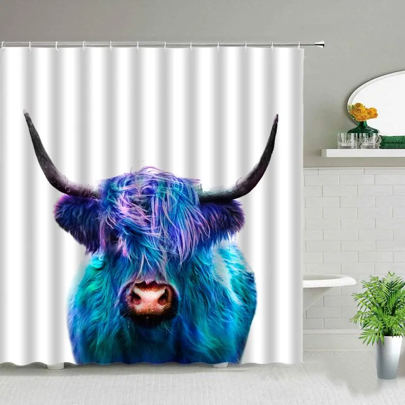 Cortinas de ducha Creatividad Highland Cow Animal Tela impermeable Pantalla de baño Bañera Decoración Cortina de tela con ganchos Lavable