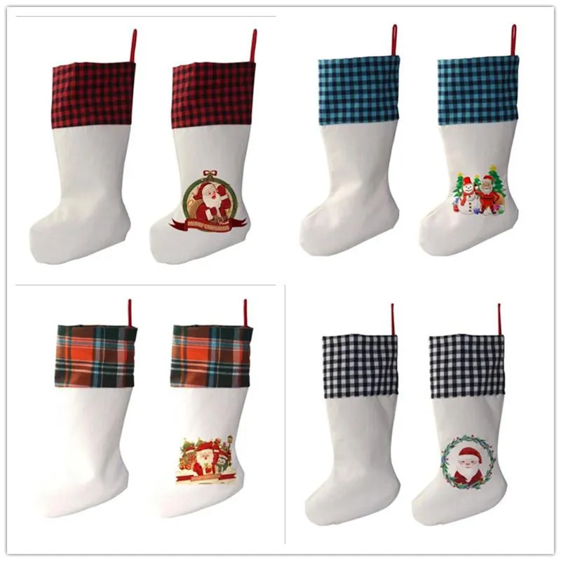 Sublimation karierter Weihnachtsstrumpf, Leinen, weiße Süßigkeiten, Socken, Weihnachtsmann, Geschenktüte, Weihnachtsbaumschmuck, Festivalzubehör für Kinder