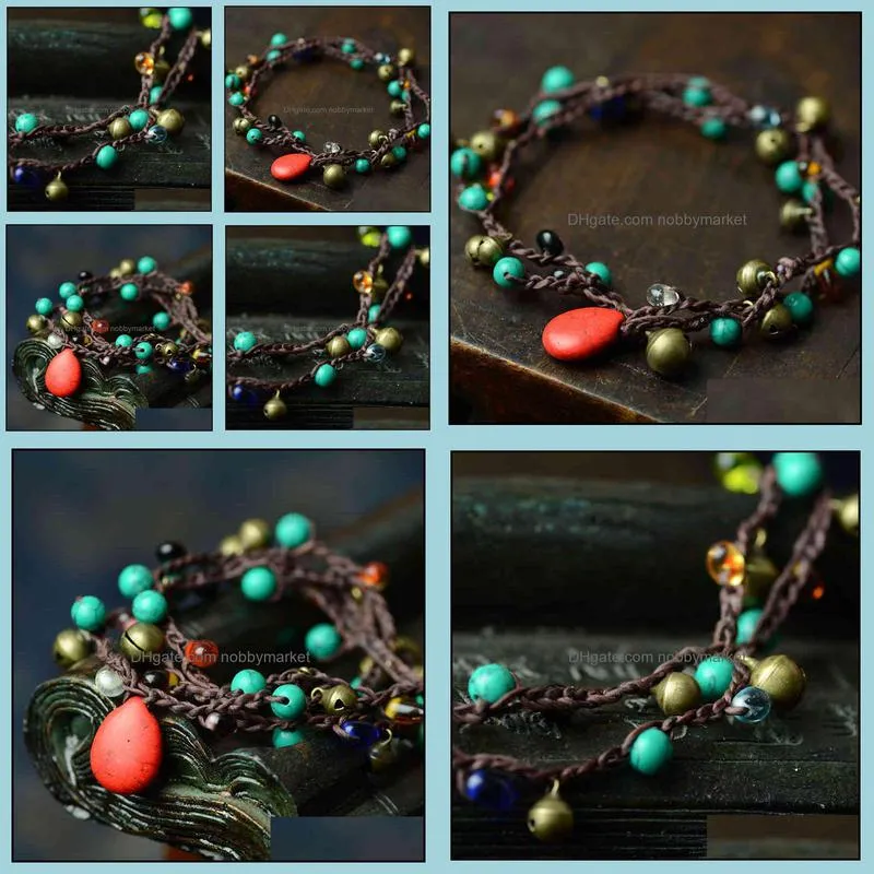 National Style Bracelet multi-layer woven creative Beaded Thai wax thread Turquoise accessories