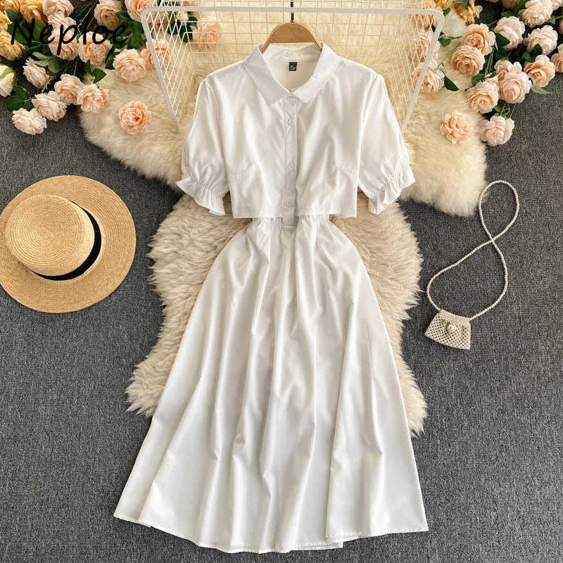 NEPLOE FAKE TWO PIECES OFFICE LADY Vestidos Slå ner Krage Puff Short Sleeve Kvinna Robe Slim Waist Single Breasted Chic Dress C0607