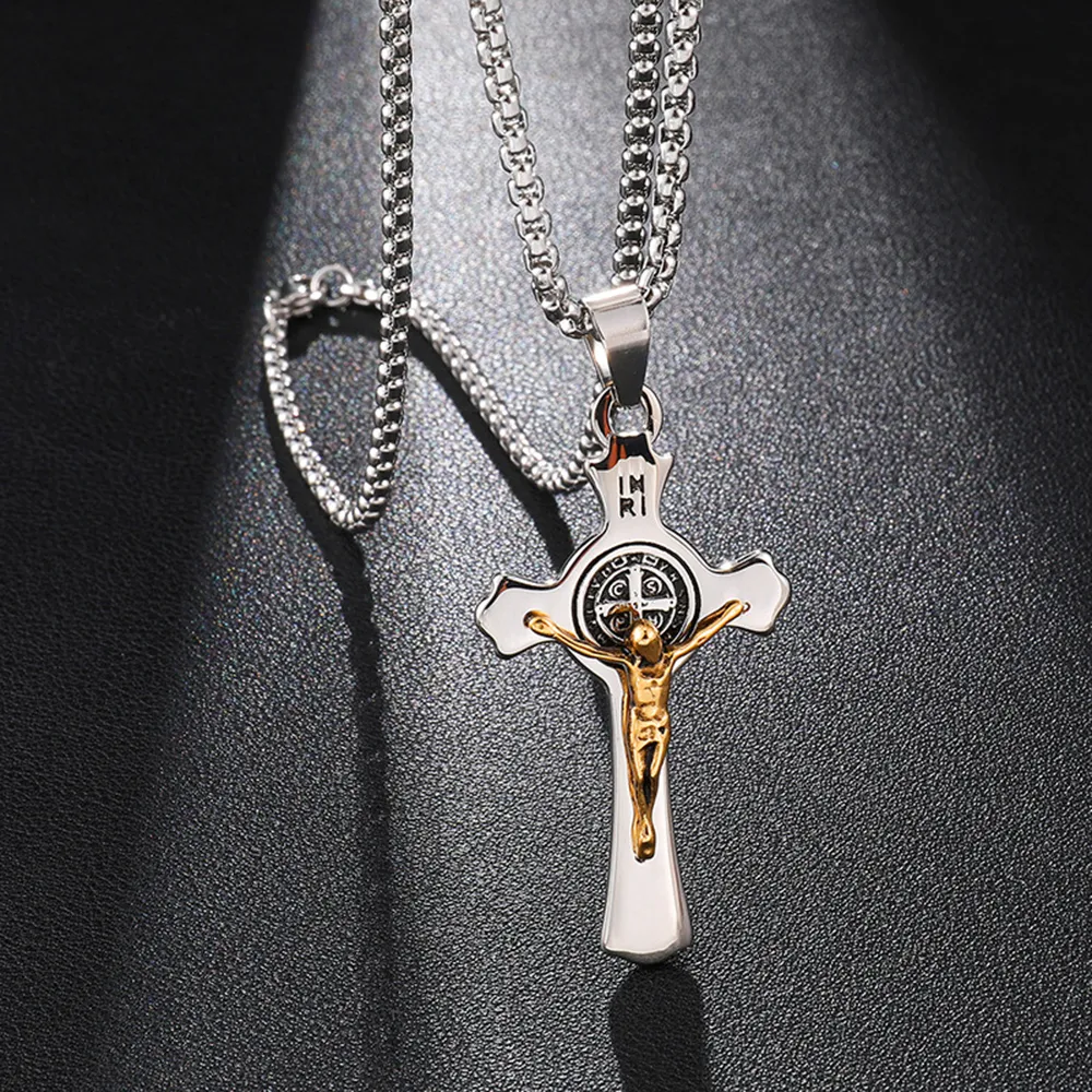 Fashion Charm New Hip Hop Jewelry Stainless Steel Cross Saint Benedict Holy Tag Religious Jesus Cross Necklaces Jewelry Gift for Him Women Men