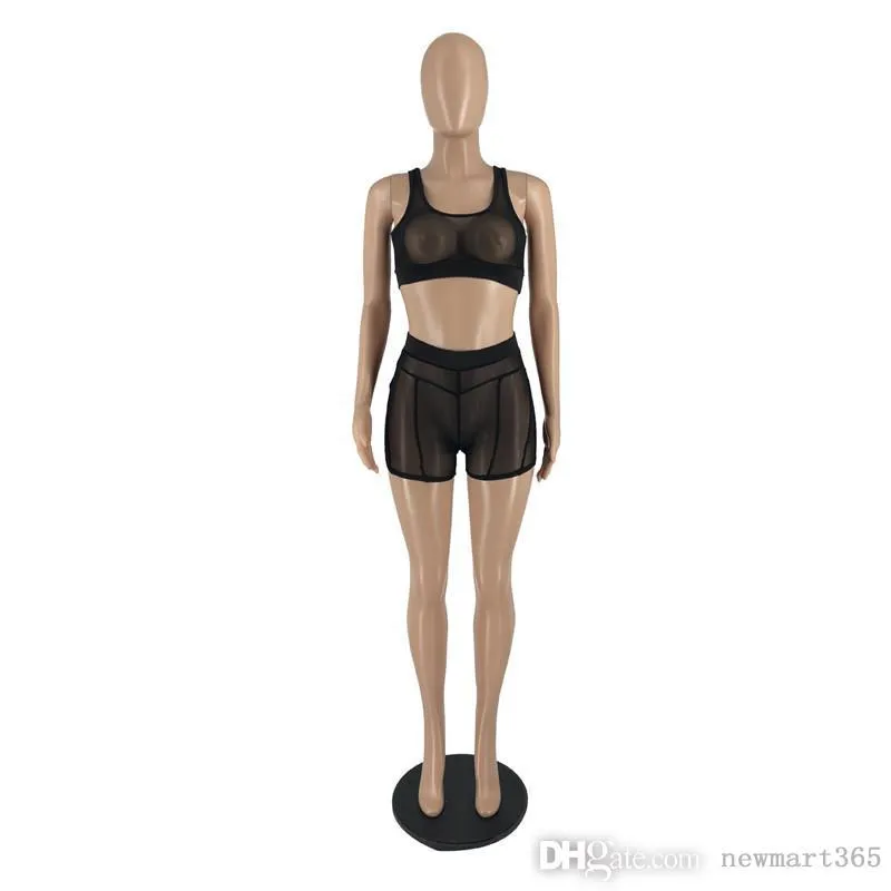 Sheer Outfits Sexy Two Piece Set Women Tracksuits Clothes Solid Color Mesh Clubwear Tank Tops Shorts Beach Wear See through Nightclub Short Suits 7162