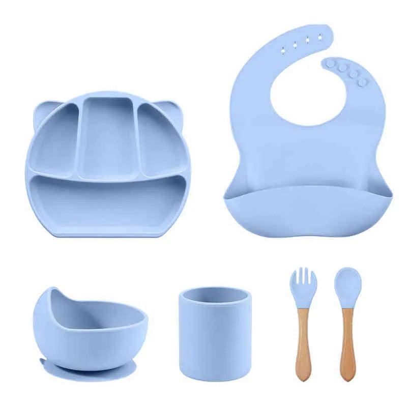 Kangobaby #My Soft Life# 6 Pieces Set Baby Bib Cup Plate Waterproof Feeding Dinnerware BPA Free Silicone Kids Training Dishes G1210