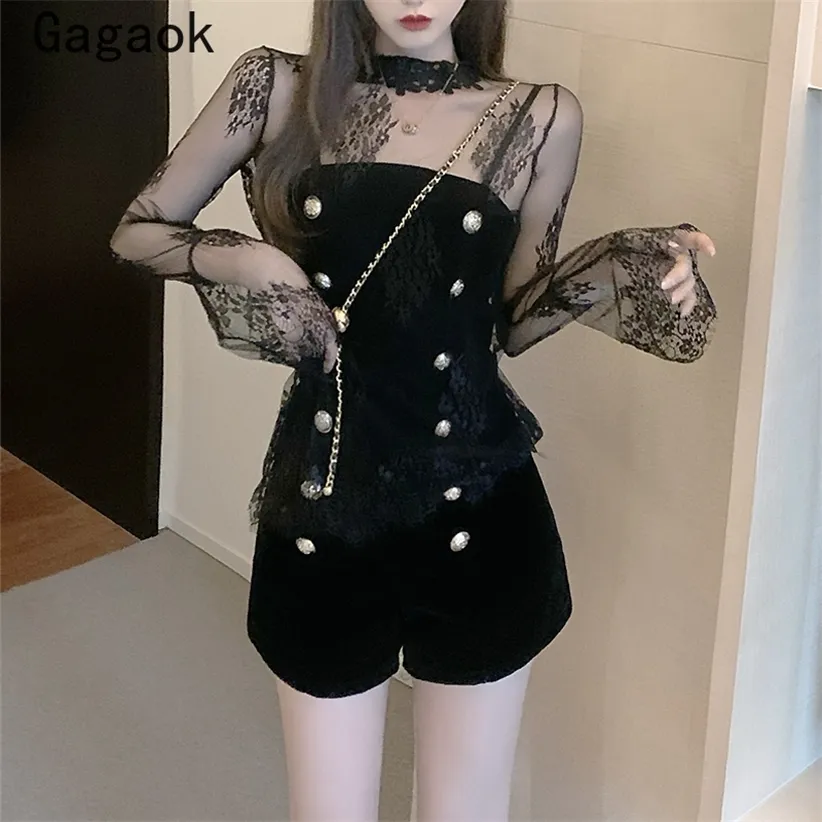 Gagaok High Street Двухструктура набор женщин стойки воротник кружева рубашка талия Slim Chic Button Chountsuit Korean 2 Sets Sexy Top 220315
