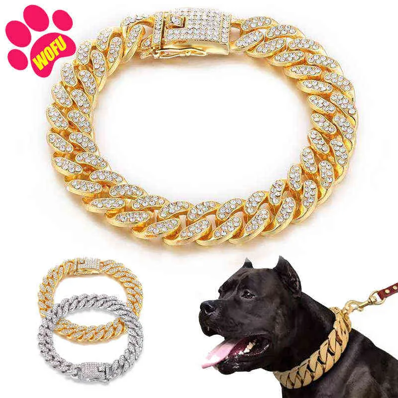 WOFUWOFU الماس الذهب الكلب الياقات الصلب الحيوانات الأليفة طوق المقود سلسلة معدنية فاخر كريستال كبير الكلب طوق جلد بيتبول H1122