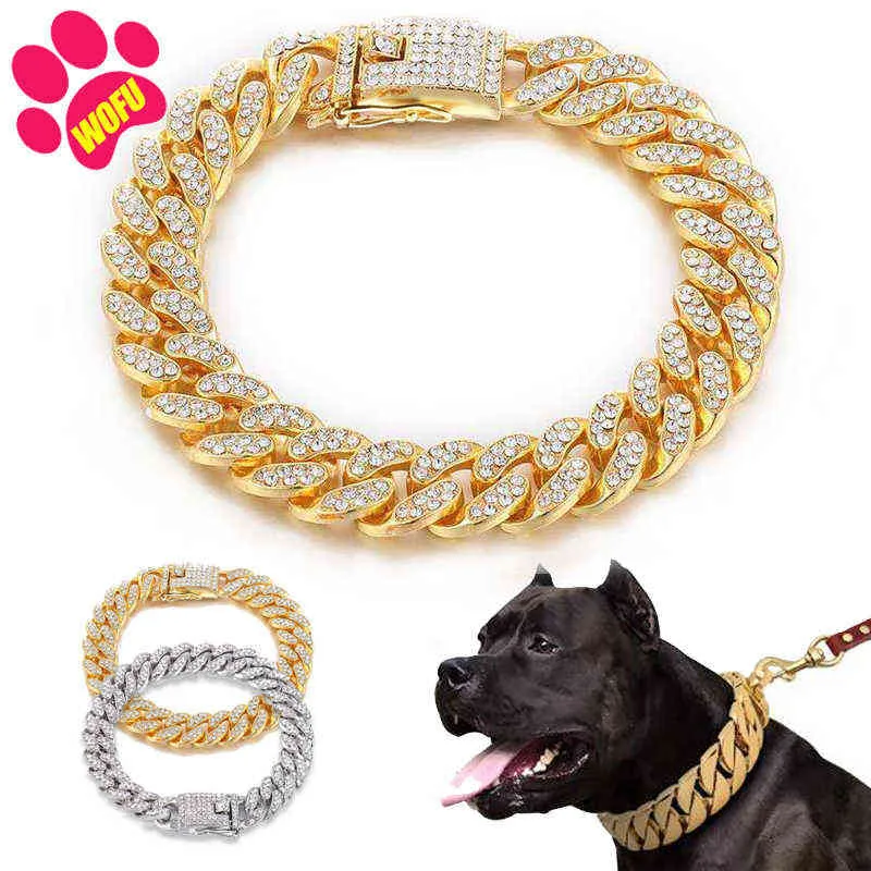 Wofuwofu Diamond Gold Dog CollarSstainless Steel Pet Collar Leash Metal Chain Luxury Crystal Large Dog Collar Läder Pitbull H112231T