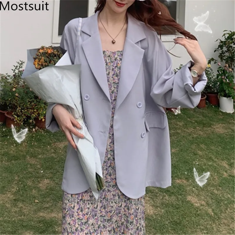 Mindsuit Double-Breasted Cienkie kobiety garnitur Pełna rękaw Koreański Solidna luźna kurtka dorywcza FEMME 210514