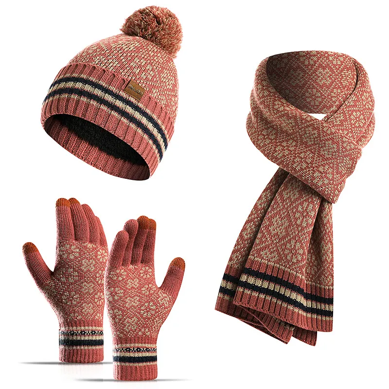 Outdoor Houd Warm Winter Gebreide Wol Sjaal Hoed Handschoen Sets voor Man Vrouw Gestreept Thicken Cold Protection Pak