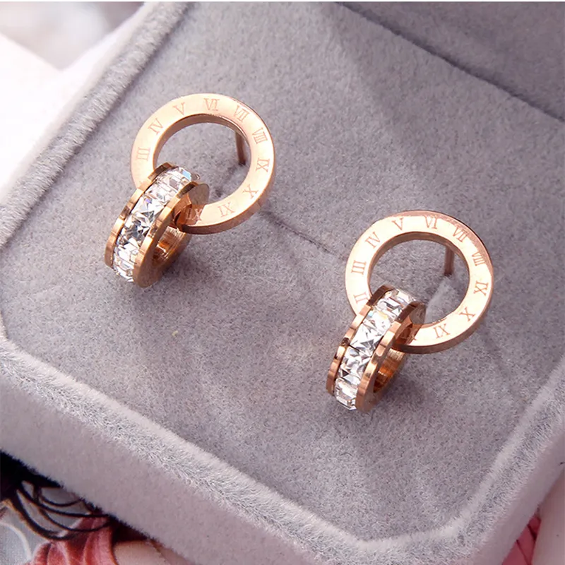 Crystal Diamond Stud Earrings Rose Gold Fashion Titanium Steel Double Wound Roman Numerals Studs Earring for Women Gift Jewelry Never Fade Not Allergic