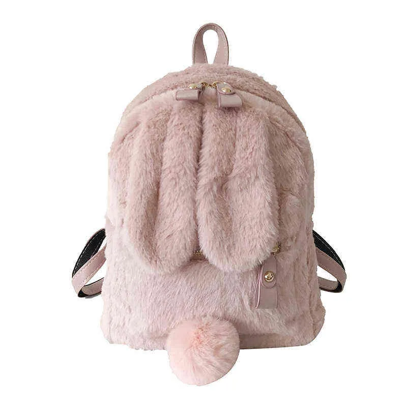 New Winter Cute Faux Fur Mini Backpack Rabbit Ear Women Travel Shoulder Bags Fashion Plush Bagpack Rucksack School Bag for Girls Y1105