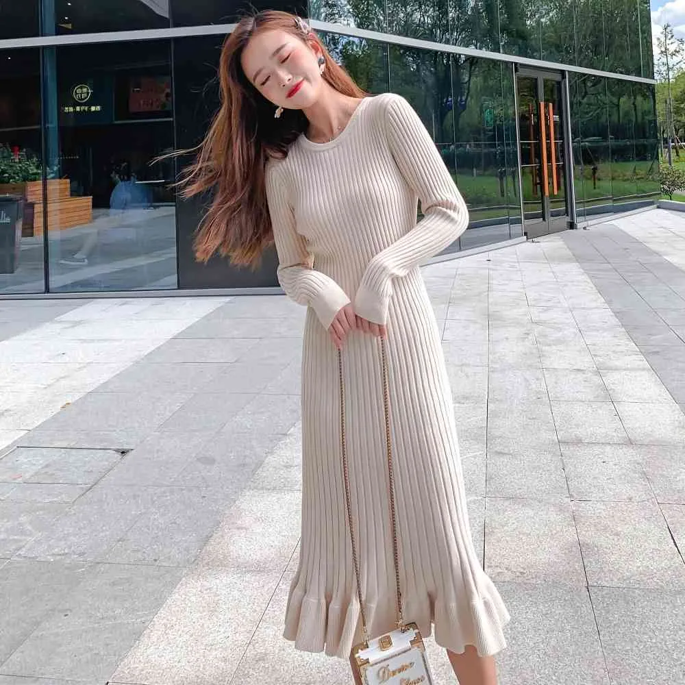 長いセータードレス女性マキシドレスニットフィッシュテイルロングウィンタードレスプラスサイズの女性服x0521