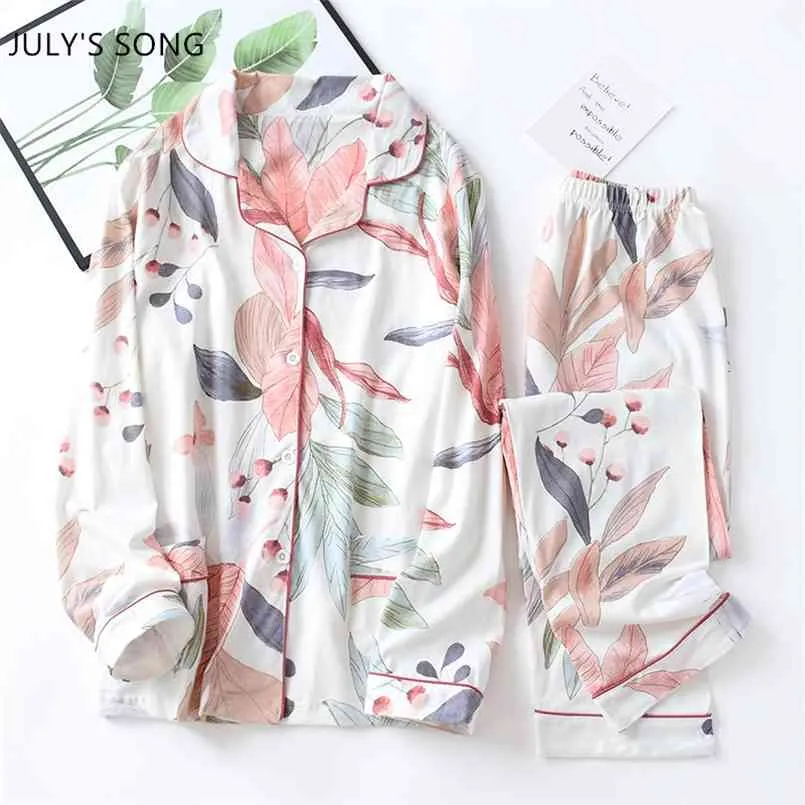 JULY'S SONG 2 Pieces Pajamas Set Women Cotton Pink Plant Printing INS Long Sleeves Trousers V-neck Knitted Autumn Sleepwear Suit 210809