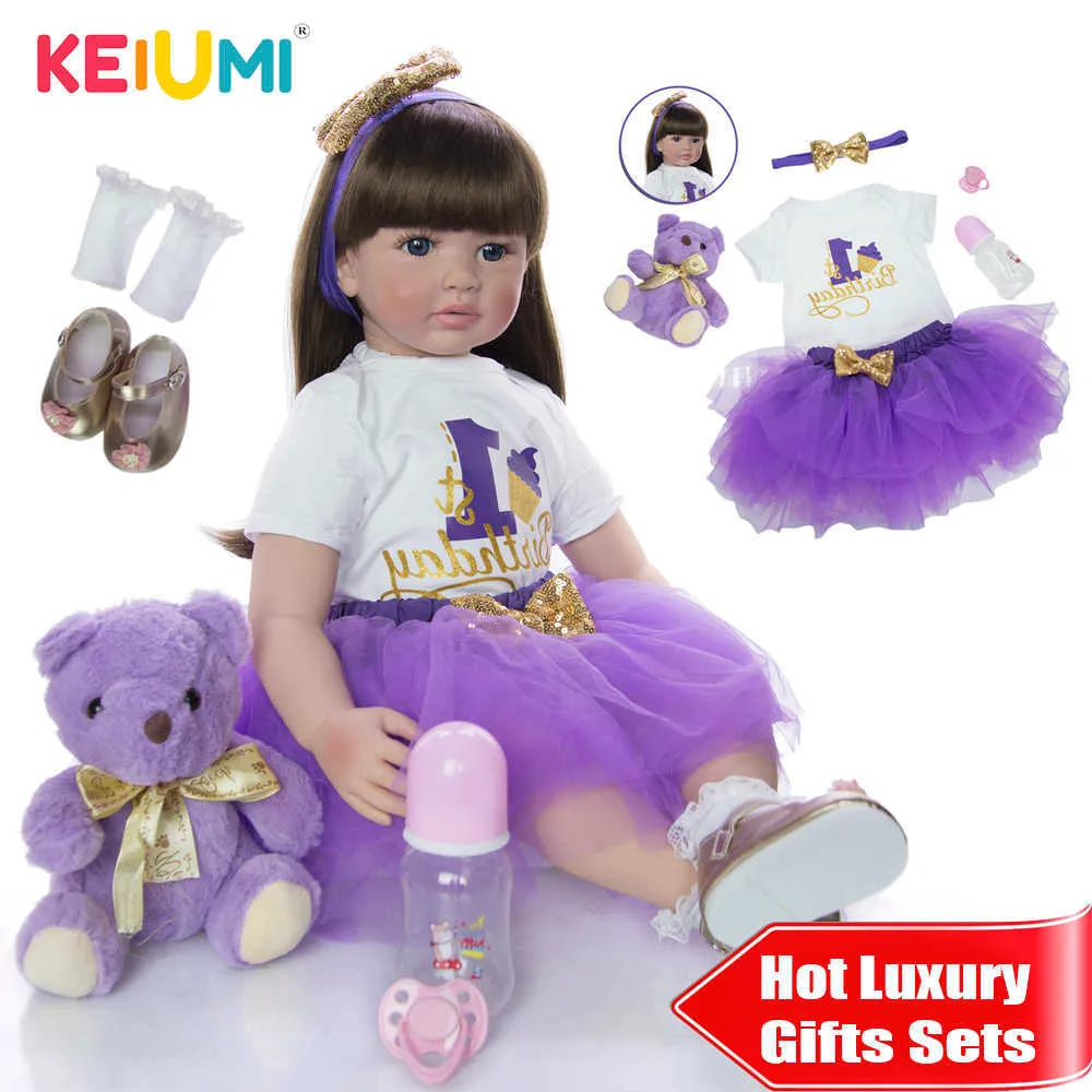 KEIUMI Soft Silicone Reborn Baby Doll 60cm Lifelike 24'' Reborn Menina Long Hair Kids Playmate Cloth Body For Birthday Surprise Q0910