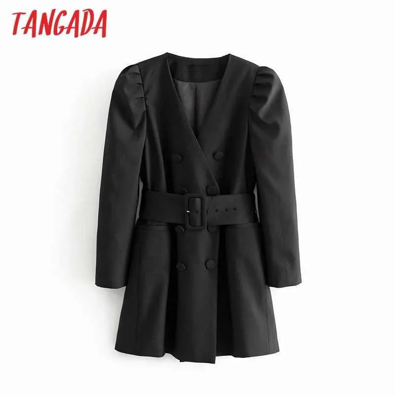Tangada Mulheres elegante Black Blazer vestido com cinto manga longa estilo vintage fêmeas escritório senhora mini vestidos vestidos 6p20 210609