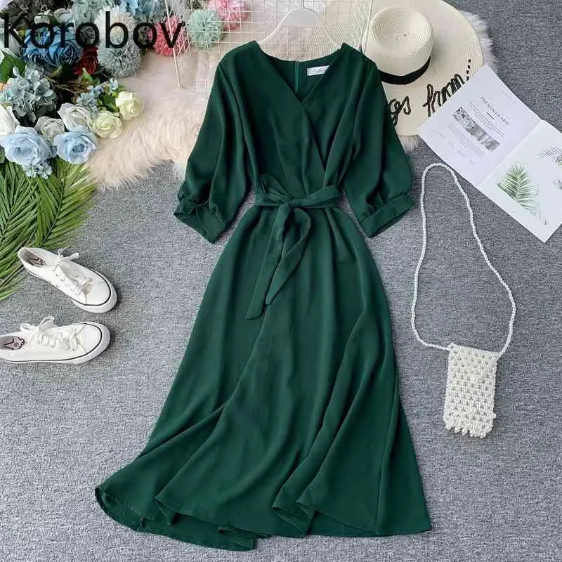Korobov Korean V Neck Short Sleeve Chiffon Dress Vintage Sashes High Waist Elegant Solid Dresses Summer Beach Style Vestidos 210430