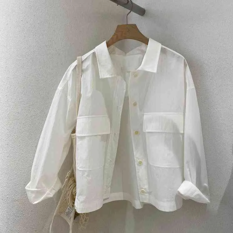 Simple Solid Pockets Dames Button Shirts White Blouses Spring Mode All Match Blusas Mujer Lange Mouw Womens Tops 210514