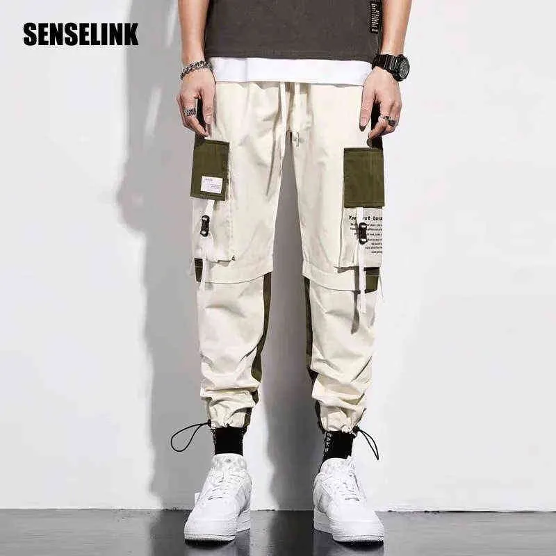 2021 Men Cargo Pants Hip Hop Pockets Track Ribbons Harem Joggers Pants Harajuku Tide Fashion Casual Cotton Streetwear Trousers G220224