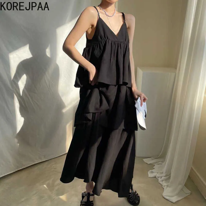 Korjpaa Kvinnor Klänning Sommar Koreanska Chic Ladies Dark Style V-Hals Slimming Loose Layered Ruffled Cake Suspender Vestidos 210526