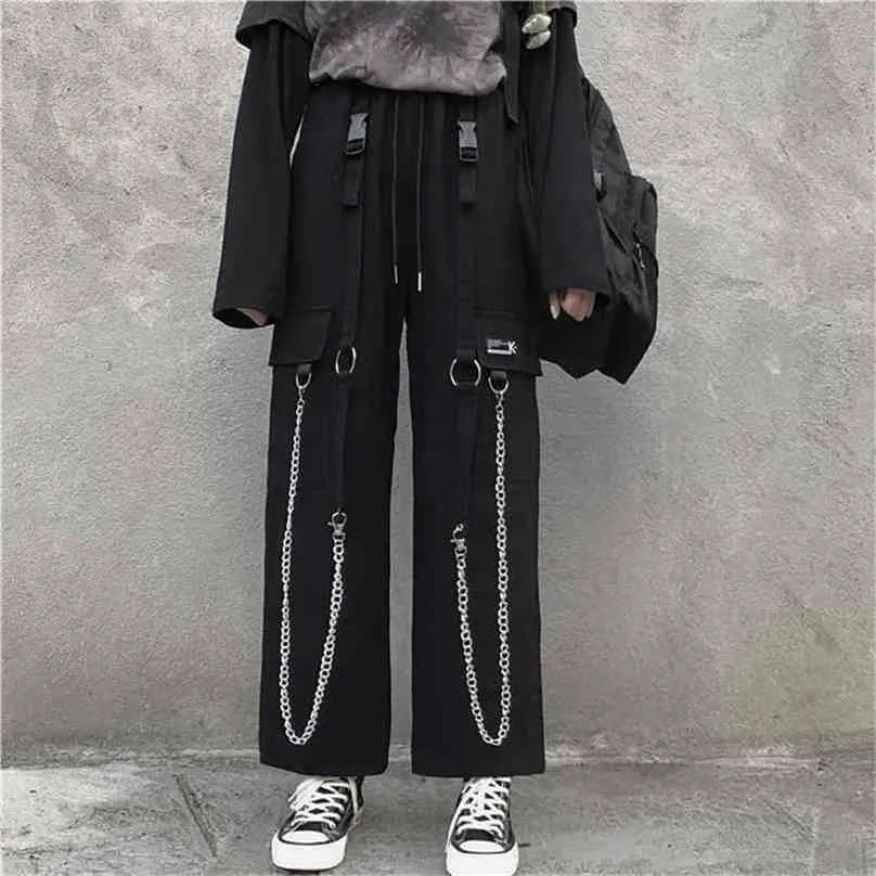 QWEEK Gotik Harajuku Kargo Pantolon Punk Zincir Geniş Bacak Kore Tarzı Boy Streetwear Pantolon Kadın Techwear Emo 210915