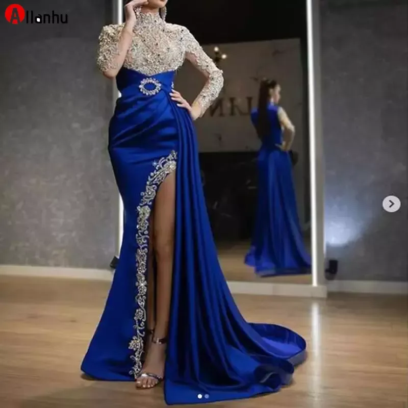 NEW! Luxury Royal Blue Prom Dresses Mermaid Crystal Sequins High Neck Long Sleeves Side Split Evening Gowns Dress Custom Made robe de soiree